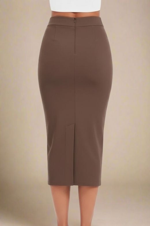 Pencil High Waist Bandage Midi Skirt - Tan Brown