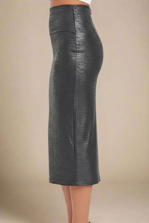 High Waist Leather Pencil Skirt Midi Length - Metallic Black
