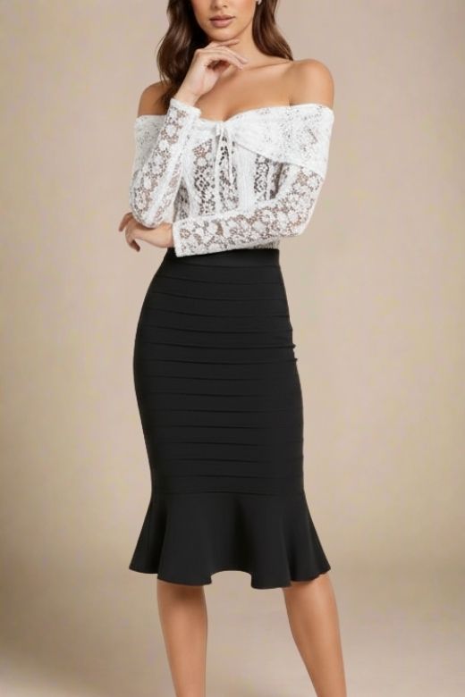 Peplum High Waist Bandage Midi Skirt - Classic Black
