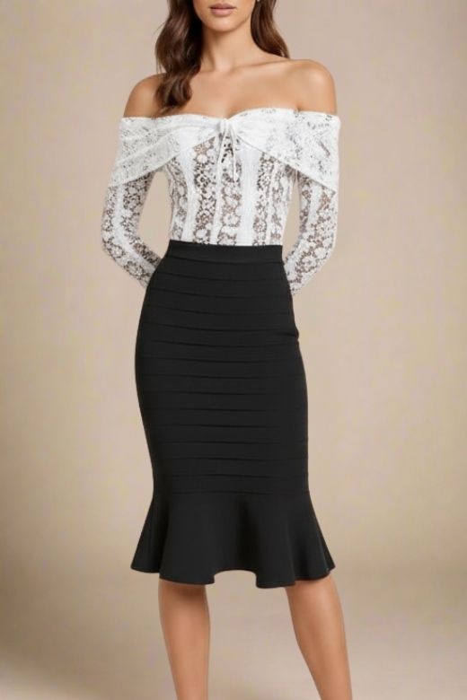 Peplum High Waist Bandage Midi Skirt - Classic Black