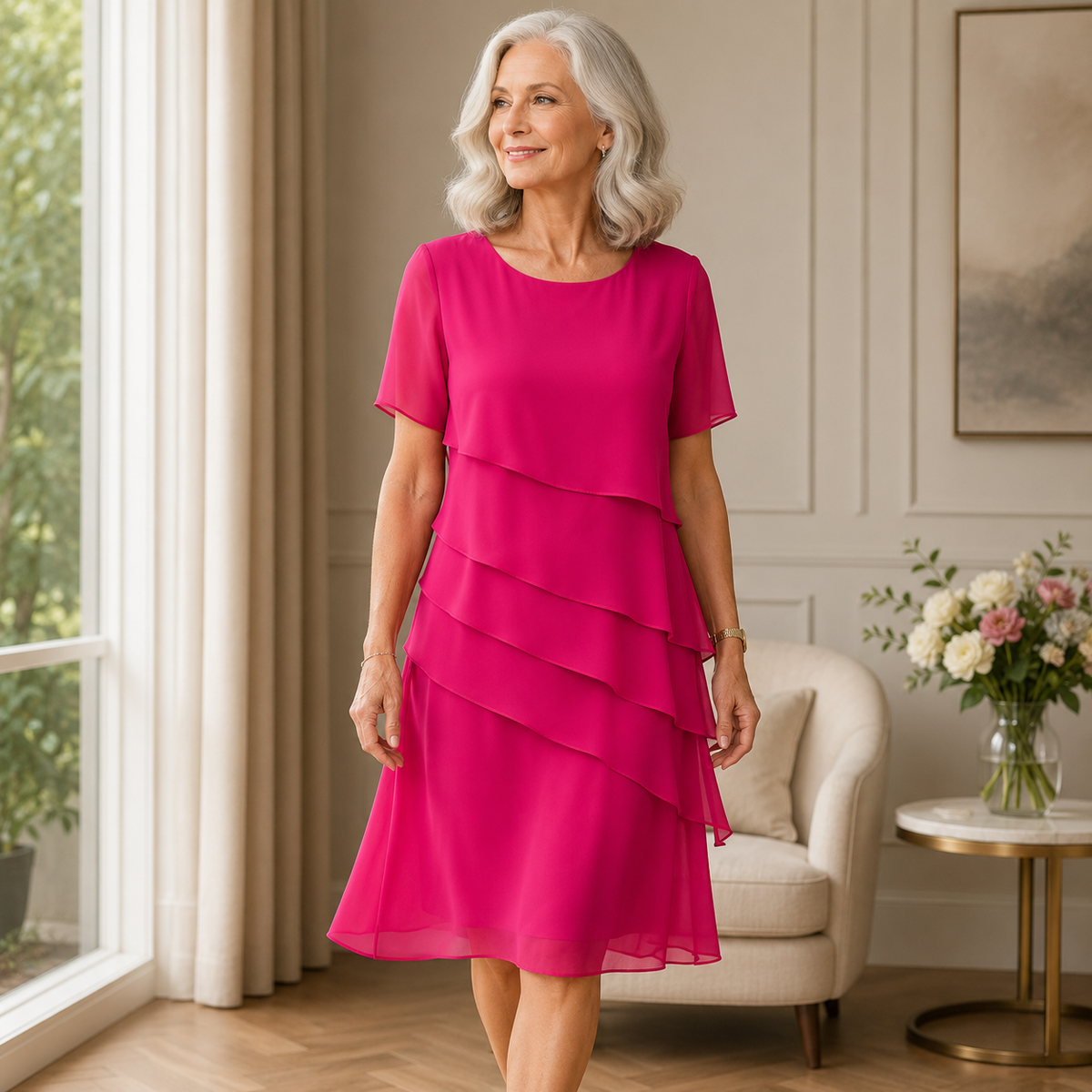 Round Neck Short Sleeve Tiered Layered Chiffon Midi Dress