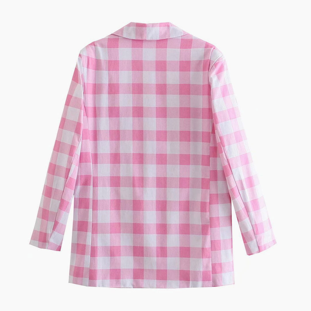 Pink Gingham Plaid Blazer and Pleated Mini Skirt Set