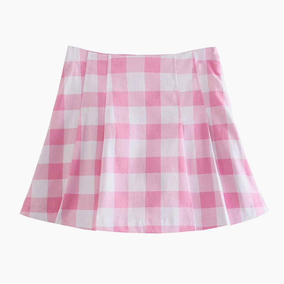 Pink Gingham Plaid Blazer and Pleated Mini Skirt Set