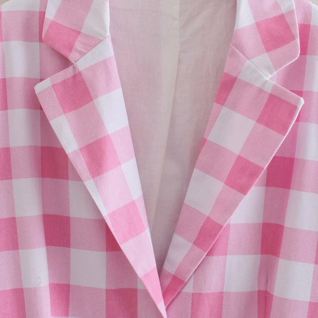 Pink Gingham Plaid Blazer and Pleated Mini Skirt Set
