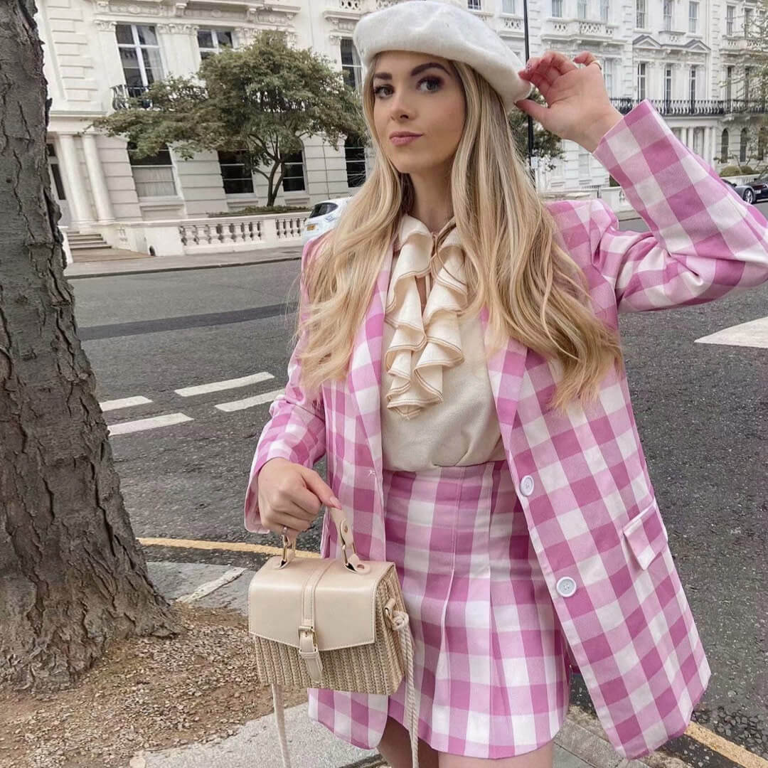 Pink Gingham Plaid Blazer and Pleated Mini Skirt Set
