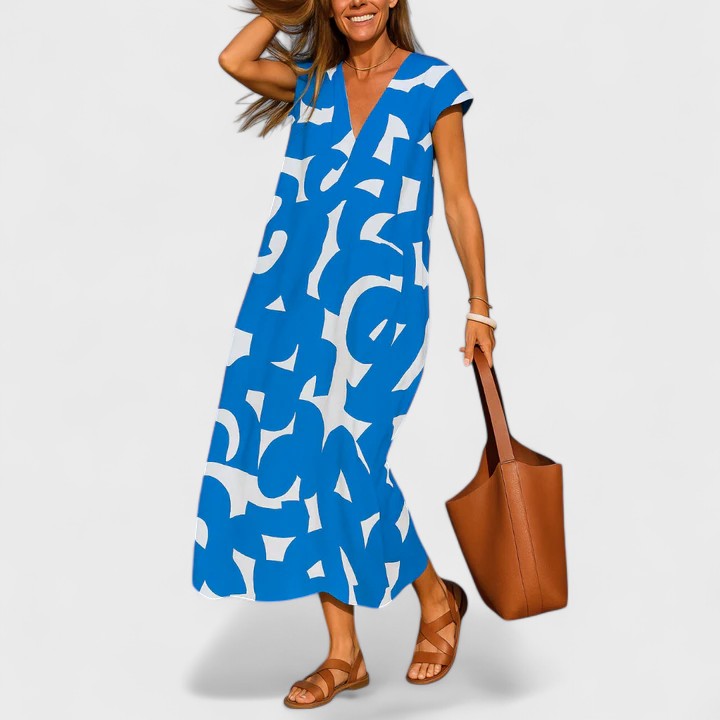 V-Neck Geometric Print Cap Sleeve A-Line Maxi Dress 6