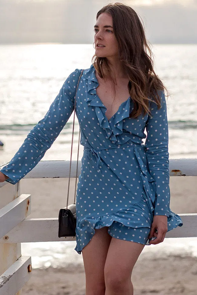 Blue Polka Dot Ruffle V-Neck Long Sleeve Wrap Mini Dress
