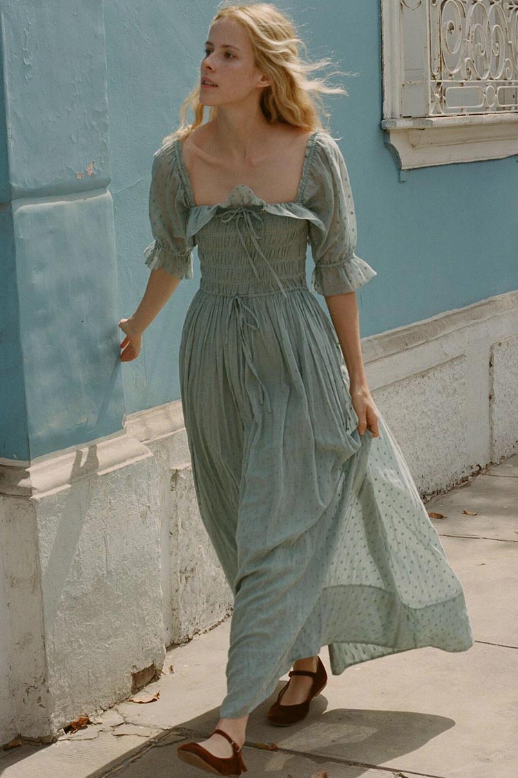 Sage Green Square Neck Puff Sleeve Smocked Swiss Dot Flowy Maxi Dress