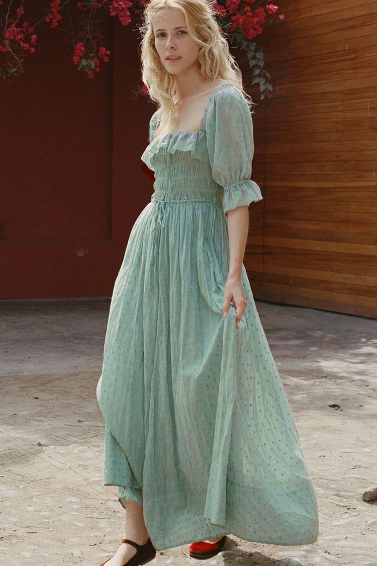 Sage Green Square Neck Puff Sleeve Smocked Swiss Dot Flowy Maxi Dress