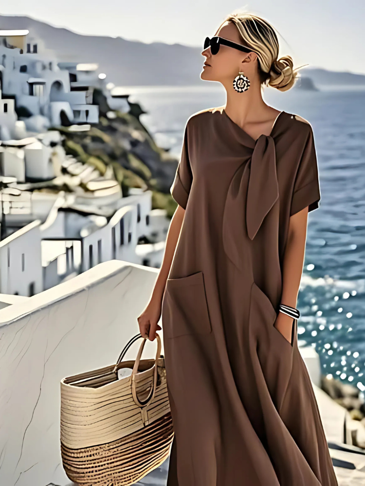 Asymmetric Neck Twist Front Short Sleeve Pocket Midi Dress 5