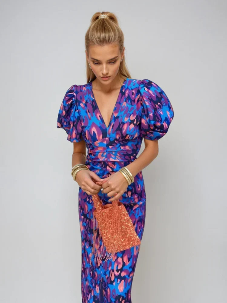 V-Neck Abstract Print Puff Sleeve Ruched Bodycon Maxi Dress