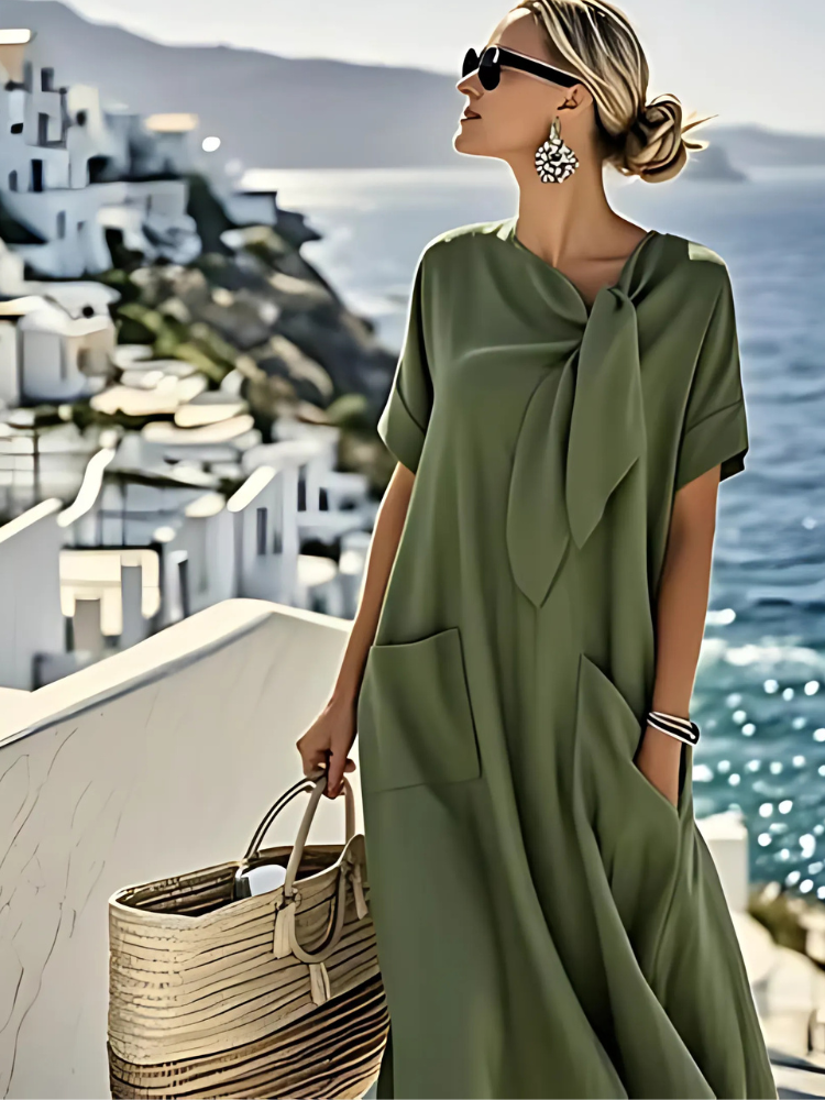 Tie Neck Patch Pocket Short Sleeve Loose A-Line Midi Dress