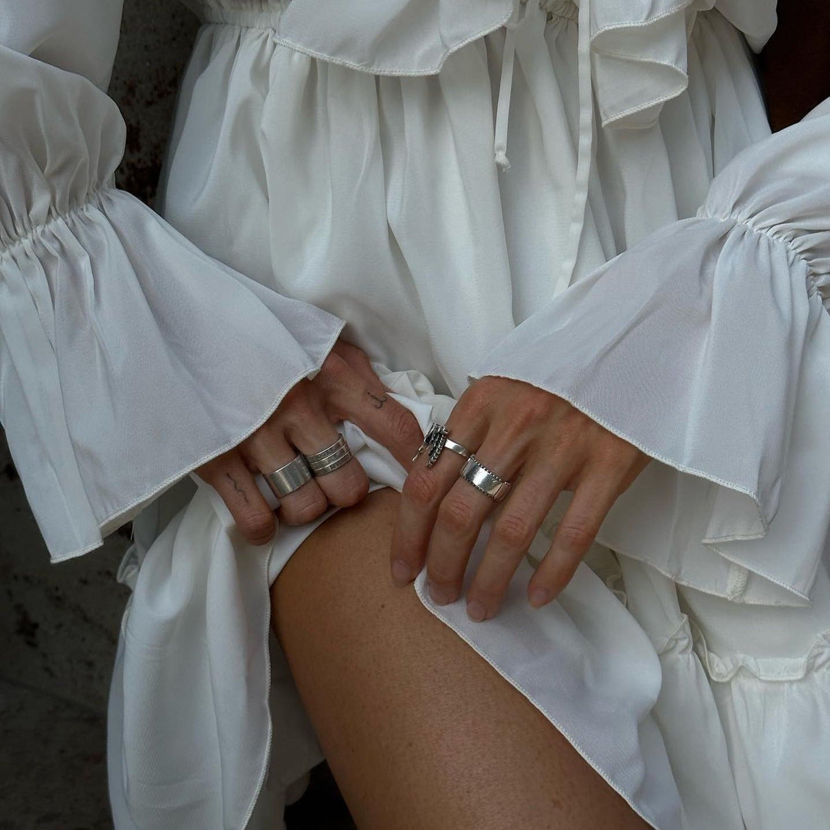 White V-Neck Ruffle Trim Long Sleeve Tiered Flowy Mini Dress 8