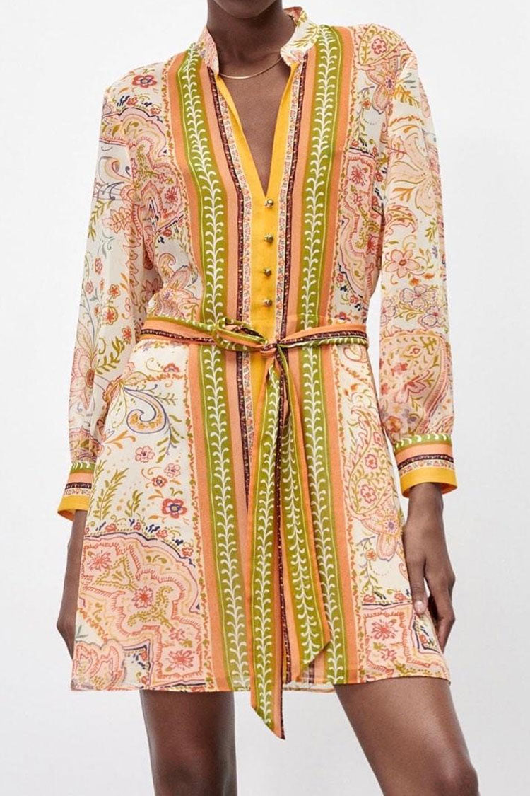 Floral Collared V-Neck Paisley Print Long Sleeve Belted Shirt Mini Dress