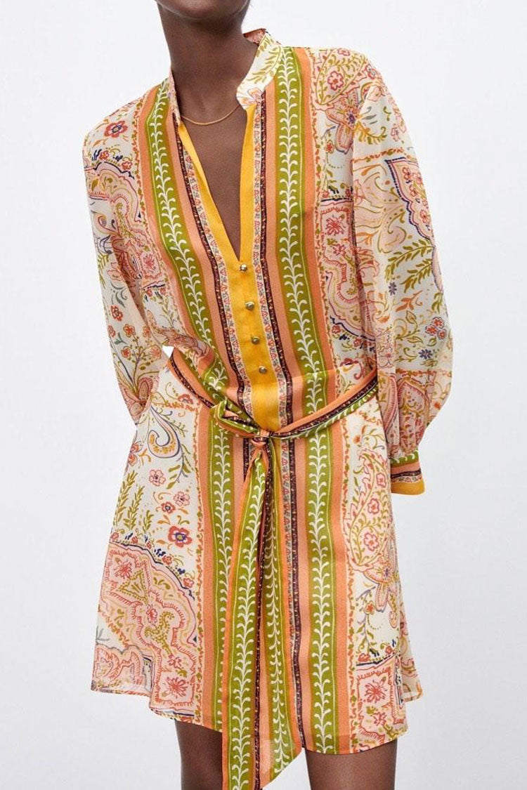 Floral Collared V-Neck Paisley Print Long Sleeve Belted Shirt Mini Dress