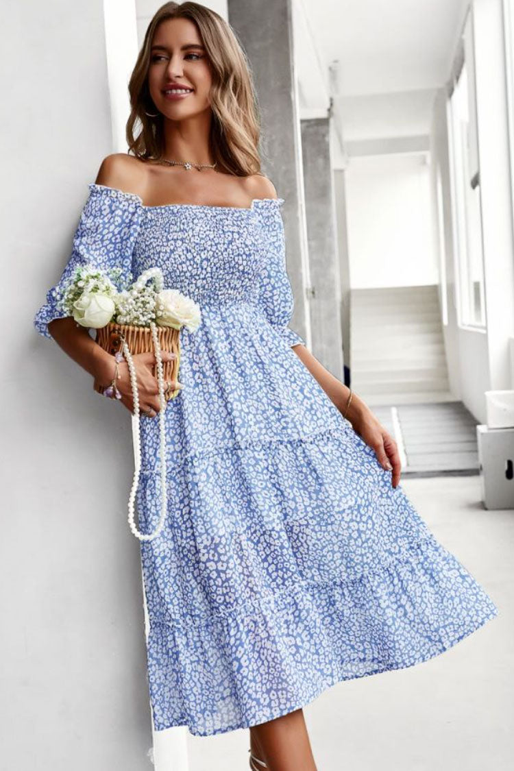 Blue Off-Shoulder Smocked Floral Flounce Sleeve Tiered Midi Dress