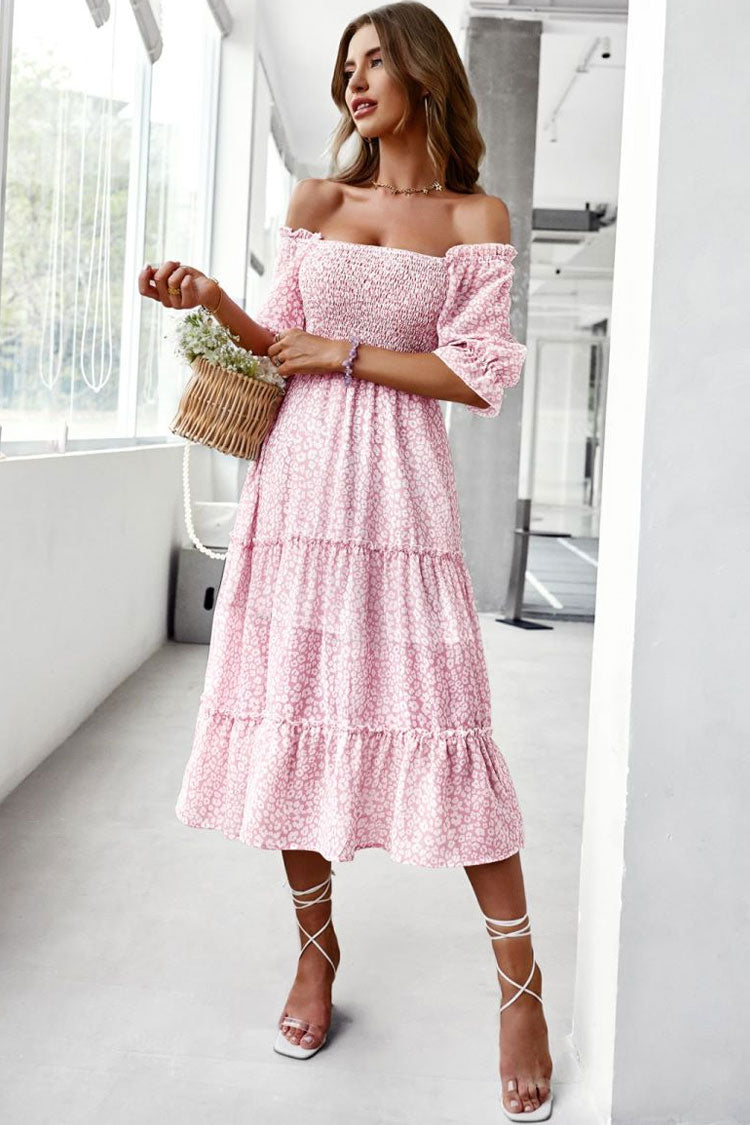 Pink Off-Shoulder Smocked Floral Flounce Sleeve Tiered Midi Dress