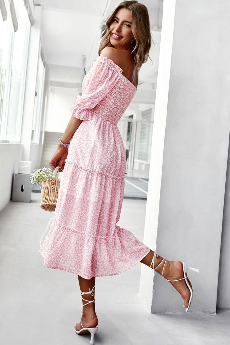 Pink Off-Shoulder Smocked Floral Flounce Sleeve Tiered Midi Dress