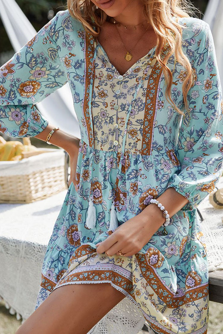 Blue Tie Neck Long Sleeve Floral Tassel Tiered Boho Mini Dress