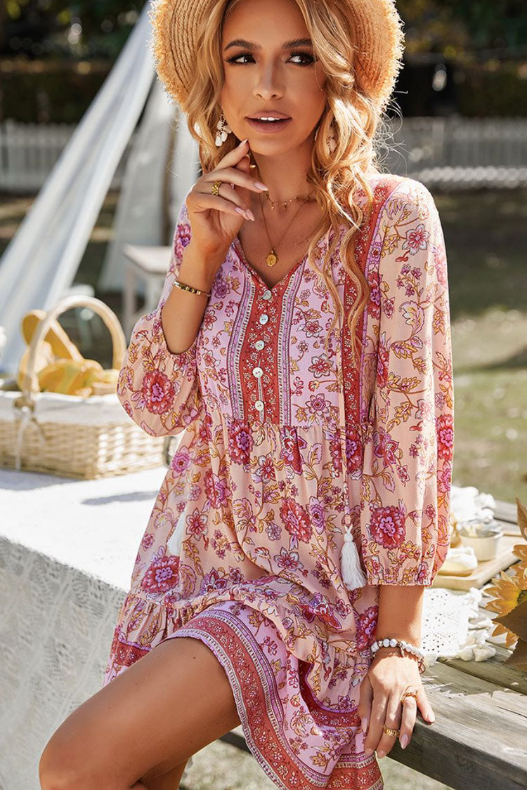 Pink Tie Neck Half Button Floral Print Long Sleeve Boho Mini Dress