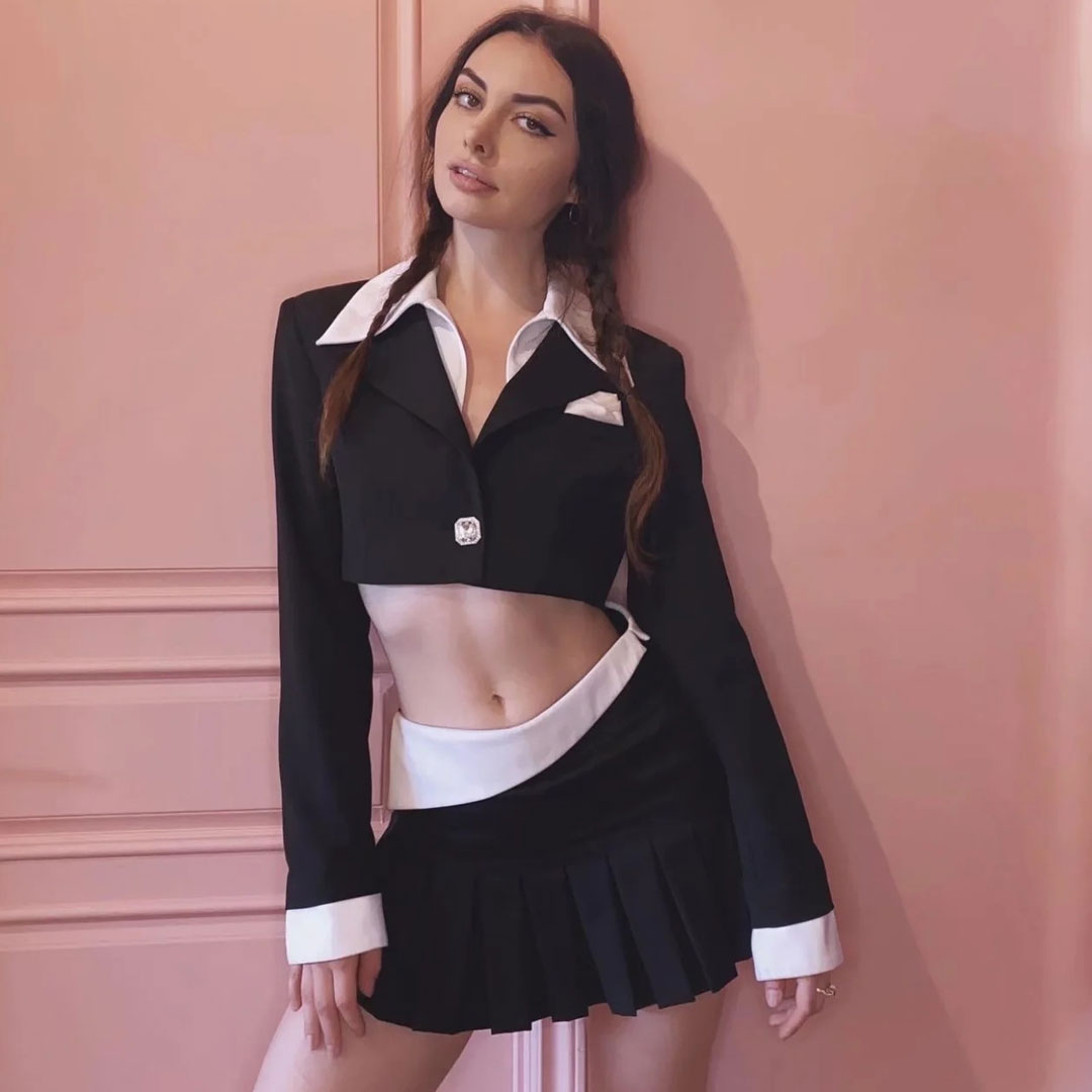 Black Contrast Collar Crop Blazer Pleated Mini Skirt Matching Set