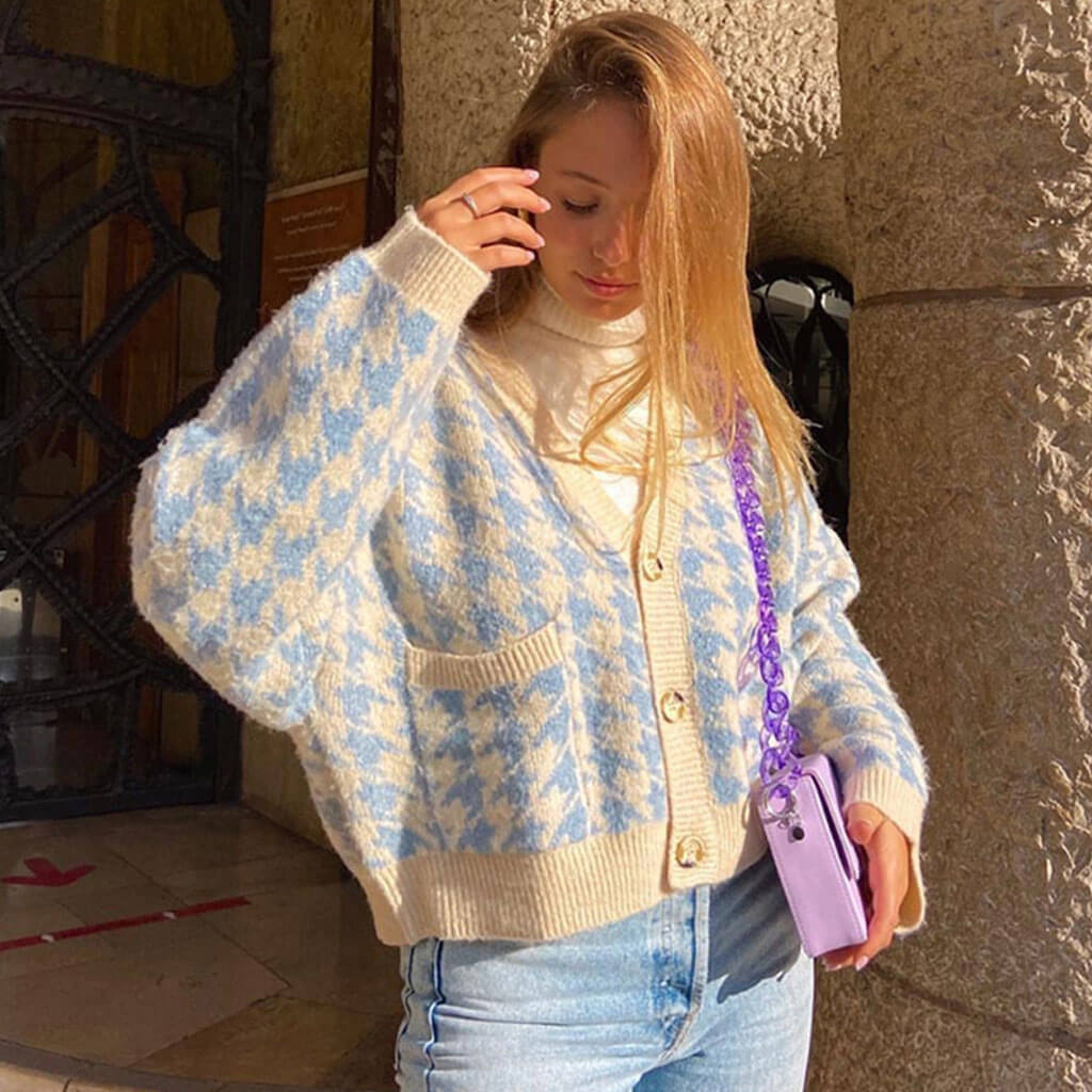 Blue Houndstooth V-Neck Button Up Long Sleeve Knit Cardigan