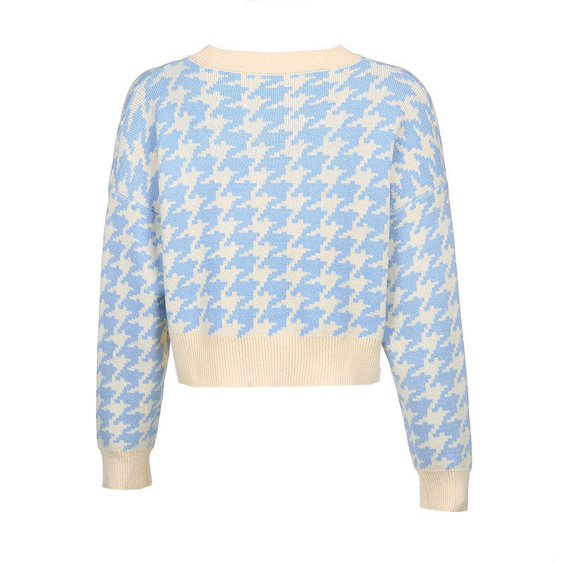 Blue Houndstooth V-Neck Button Up Long Sleeve Knit Cardigan