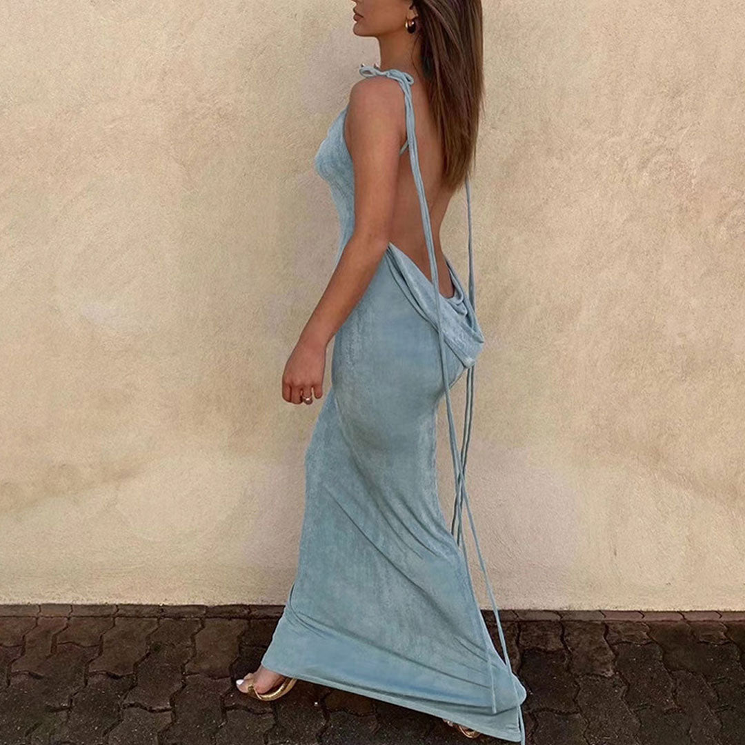 Denim Blue Tie Strap Scoop Neck Backless Draped Bodycon Maxi Dress