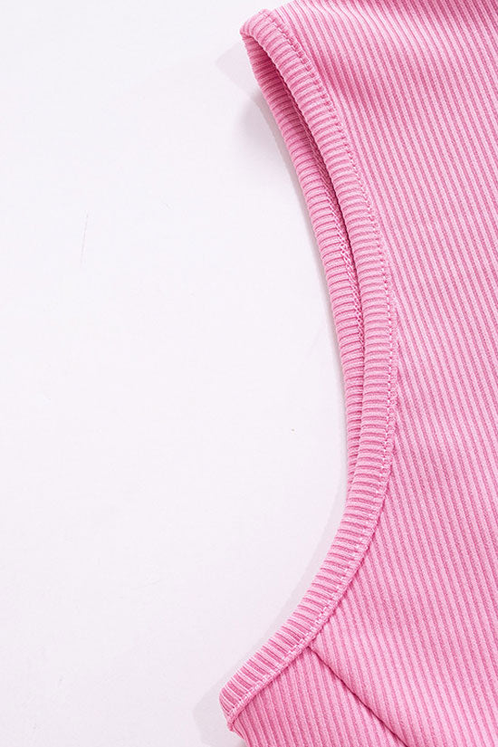 Pink High Neck Sleeveless Ribbed Knit A-Line Mini Dress