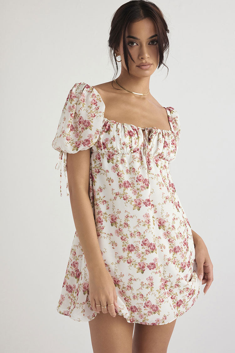 Floral Sweetheart Neck Floral Puff Sleeve Tie Front Babydoll Mini Dress