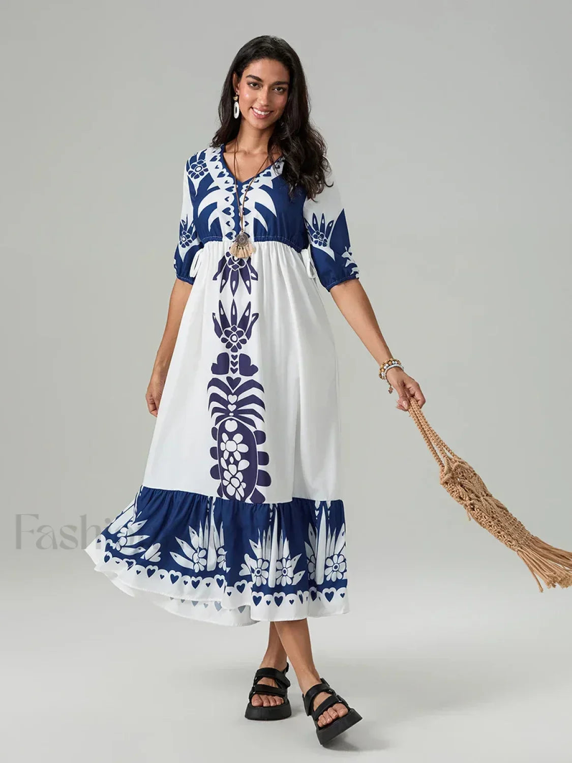 Printed V Neck Summer Boho Dress WHITE / S