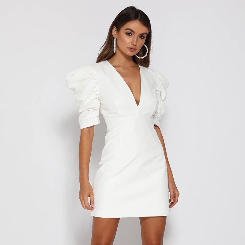 White Deep V-Neck Puff Sleeve A-Line Mini Dress