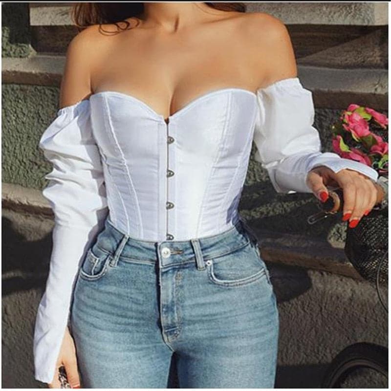 Women Off Shoulder Shirt Blouse Lady Girls Fashion Back Bandage Slim Bustier Female Leotard Corset Ladies' Solid Tops Wear