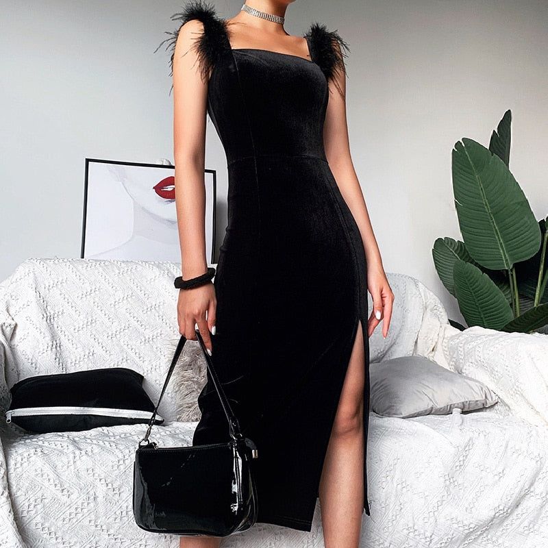 Black Square Neck Feather Strap Velvet High Slit Bodycon Midi Dress