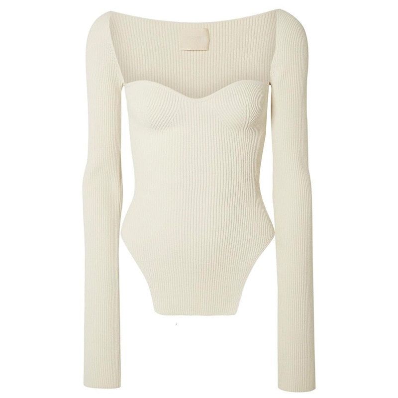 Square Neck Cold Shoulder Ribbed Knit Long Sleeve Sweater 13