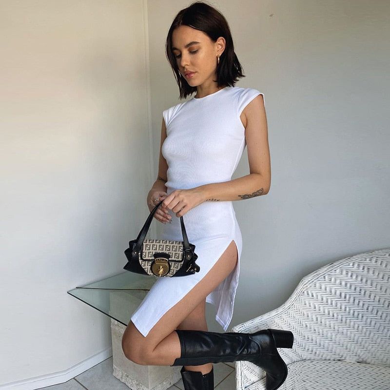 Mock Neck Cap Sleeve Ribbed Knit High Slit Bodycon Midi Dress