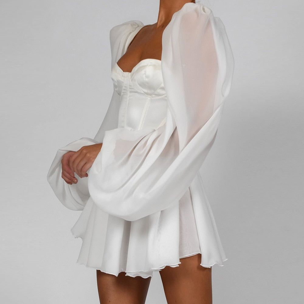 White Sweetheart Puff Sleeve Satin Corset A-Line Mini Dress