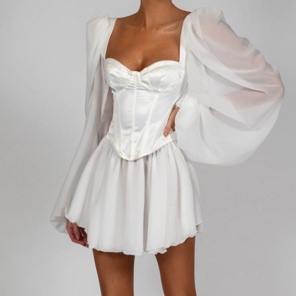 White Sweetheart Puff Sleeve Satin Corset A-Line Mini Dress