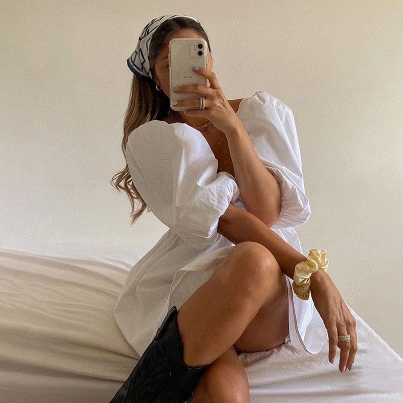 White Square Neck Puff Sleeve Babydoll Mini Dress