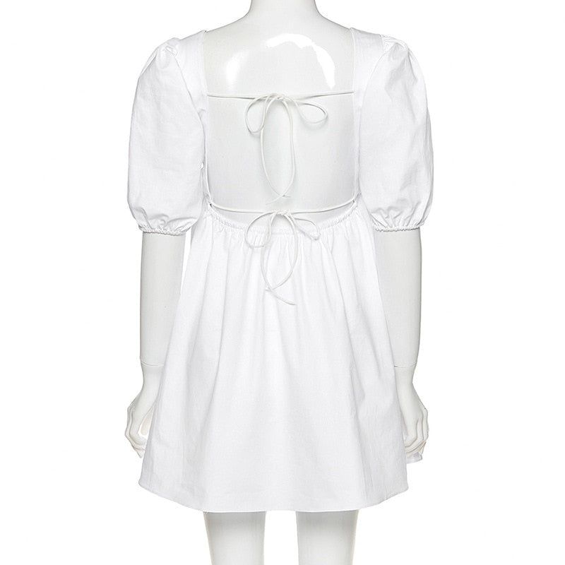 White Square Neck Puff Sleeve Babydoll Mini Dress