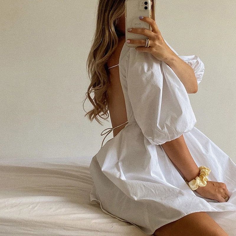 White Square Neck Puff Sleeve Babydoll Mini Dress