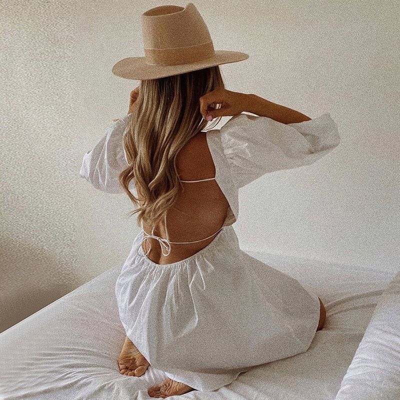White Square Neck Puff Sleeve Babydoll Mini Dress