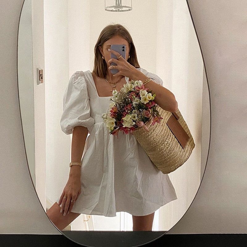 White Square Neck Puff Sleeve Babydoll Mini Dress