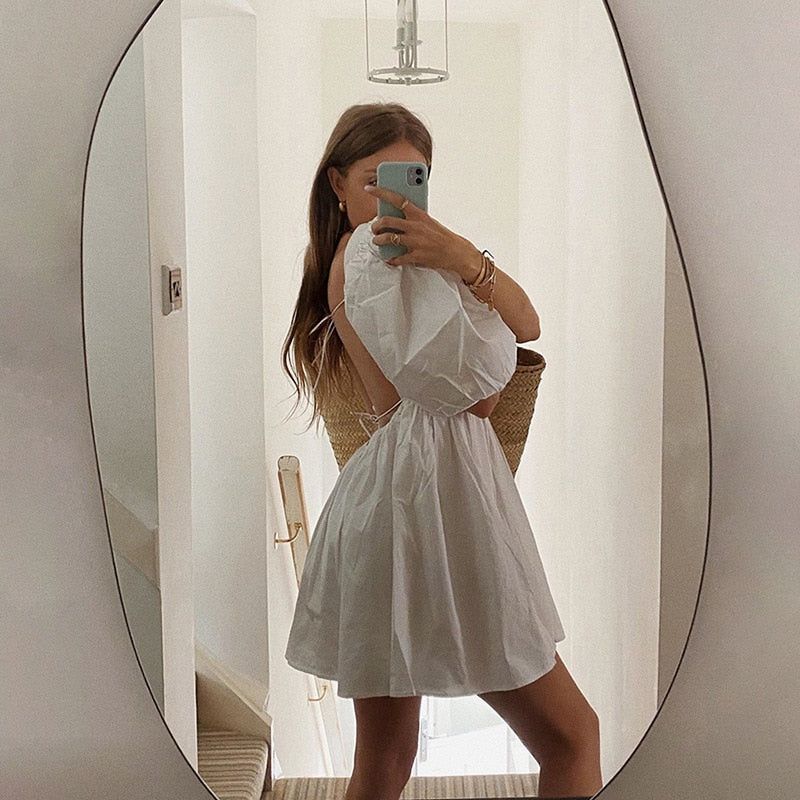 White Square Neck Puff Sleeve Babydoll Mini Dress