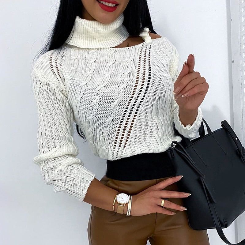 Roll Neck One Shoulder Cutout Cable Knit Long Sleeve Sweater 2