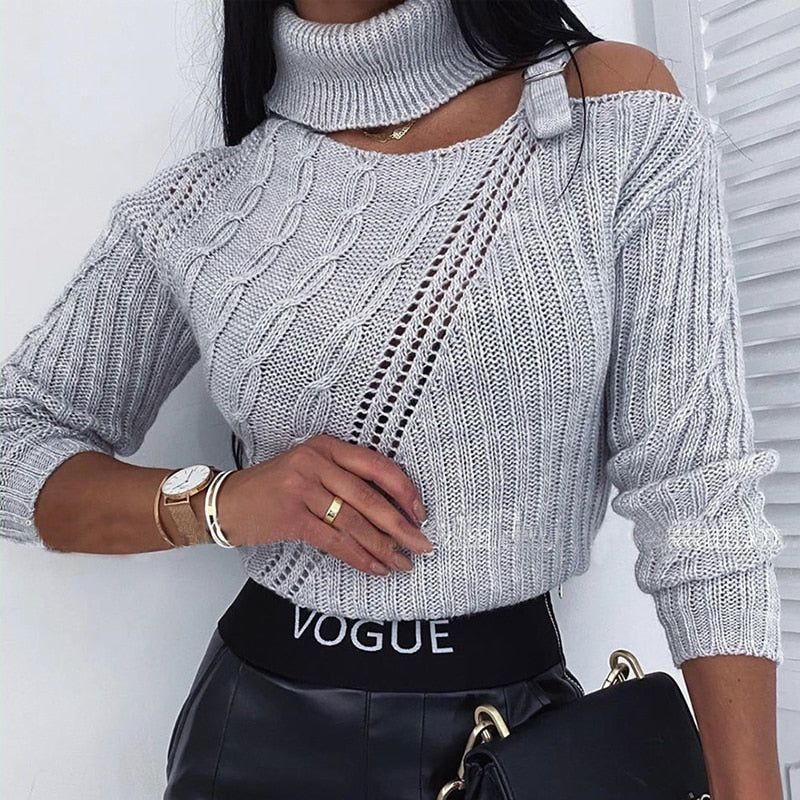 Roll Neck One Shoulder Cutout Cable Knit Long Sleeve Sweater