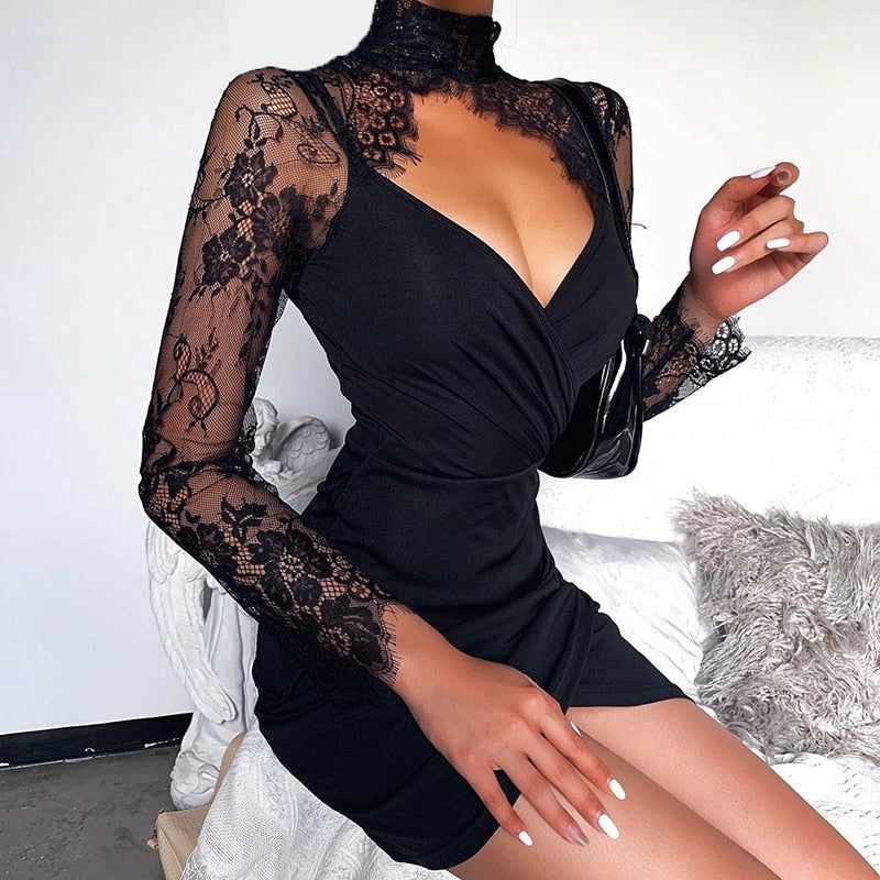 Black High Neck Lace Long Sleeve Ruched Bodycon Mini Dress