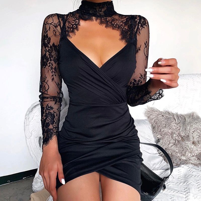 Black High Neck Lace Long Sleeve Ruched Bodycon Mini Dress