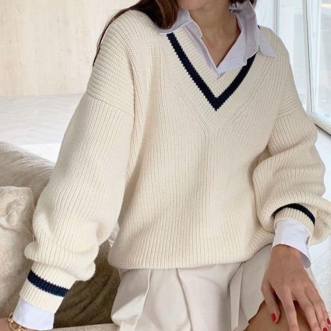 V-Neck Contrast Stripe Ribbed Knit Oversized Sweater 3