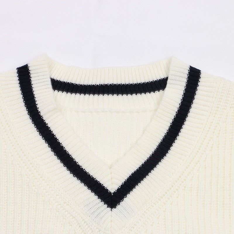 V-Neck Contrast Stripe Ribbed Knit Oversized Sweater 10